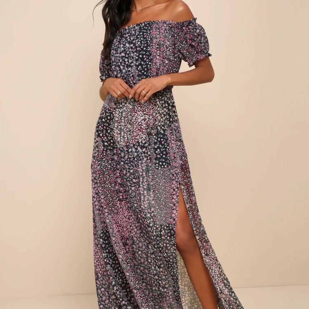 Lulus Dress Neva Navy Blue Floral Print Off-the-Shoulder